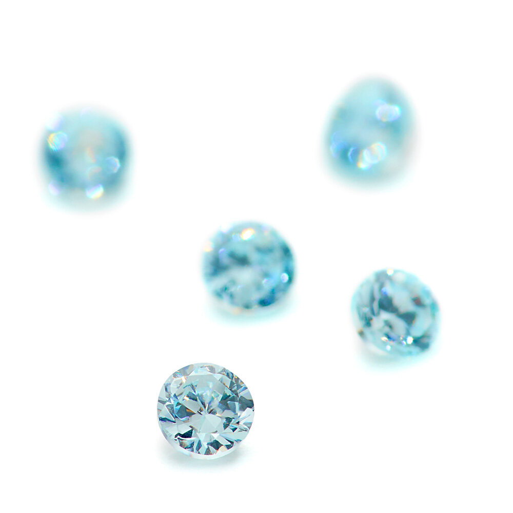 Synthetic cubic zirconia, aquamarine, round diamond cut 