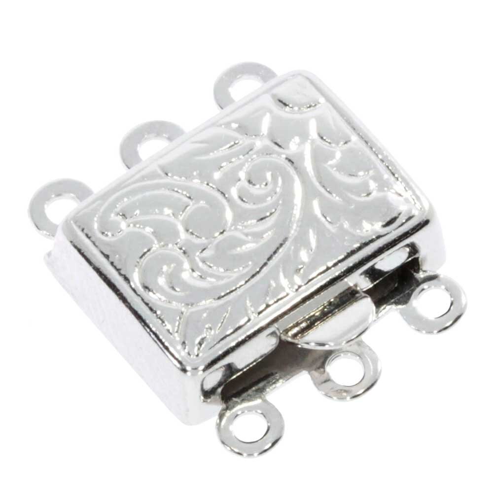 Rectangular jewelry clasp with antique pattern for 3 chain rows 925/- 