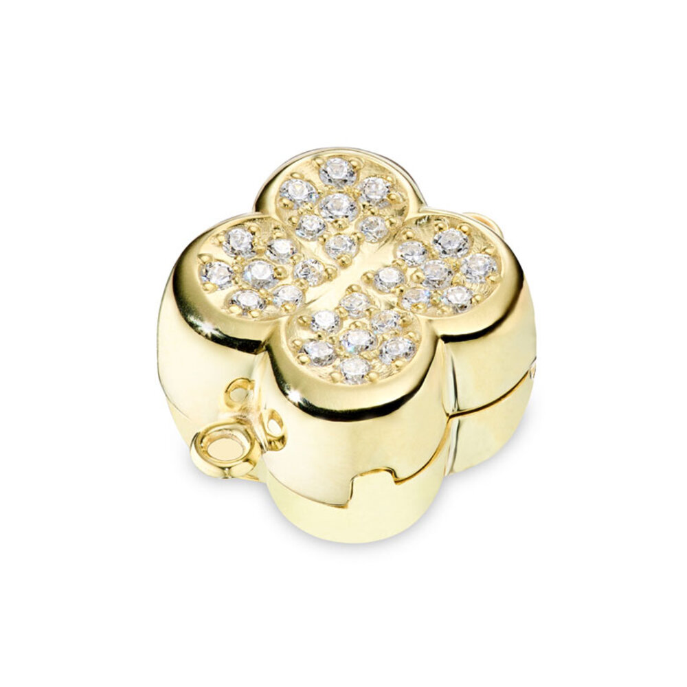 Magnet clasp, flower with 56 synthetic zirconia 925/- gold-plated 