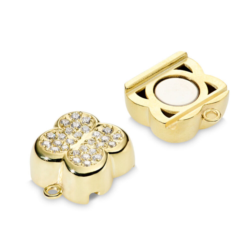 Magnet clasp, flower with 56 synthetic zirconia 925/- gold-plated 