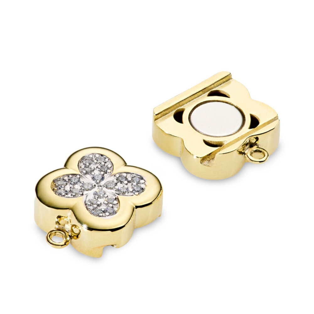 Magnet clasp, flower with 40 synthetic zirconia 925/- two tones 