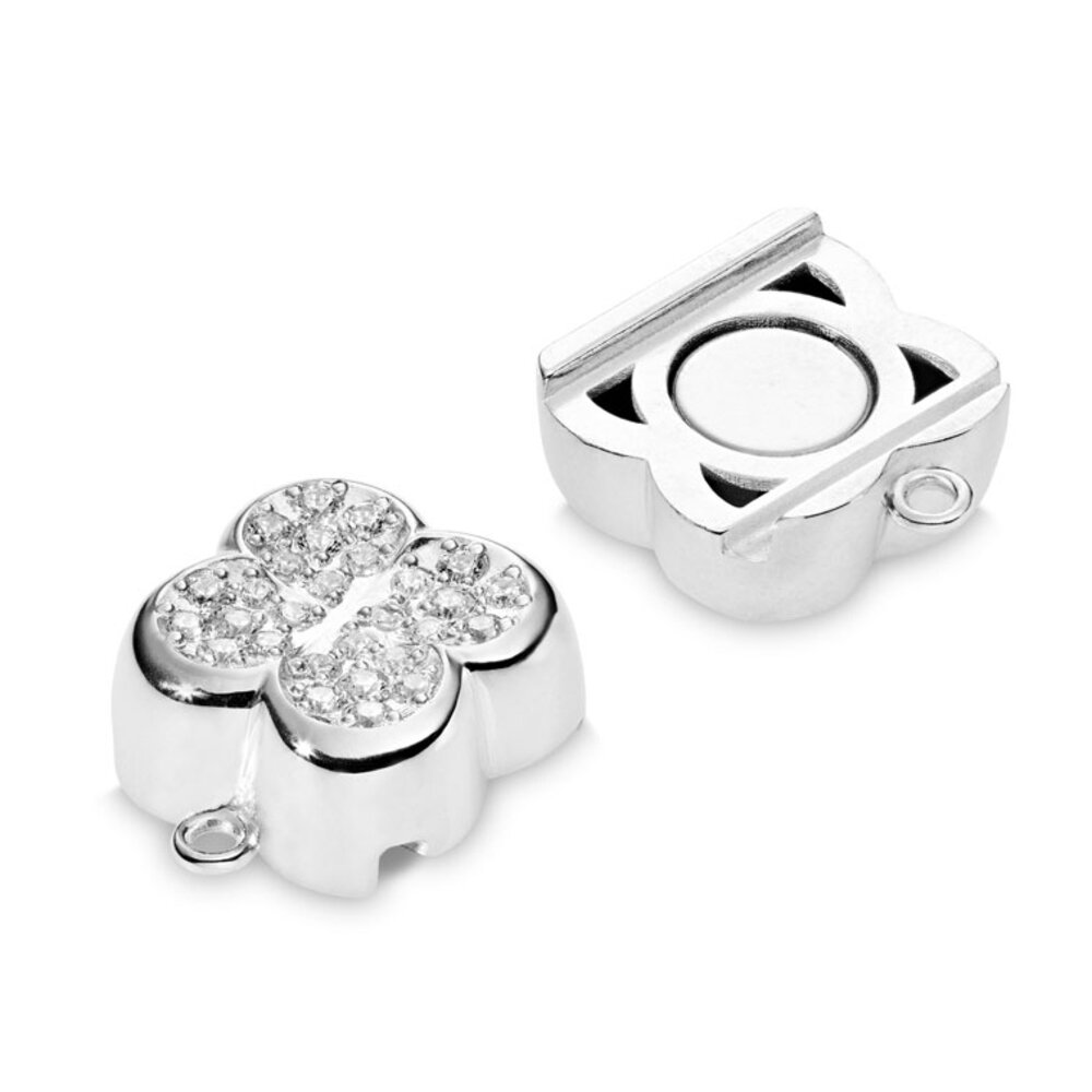 Magnet clasp, flower with 56 synthetic zirconia stones 925/- rhodium plated 